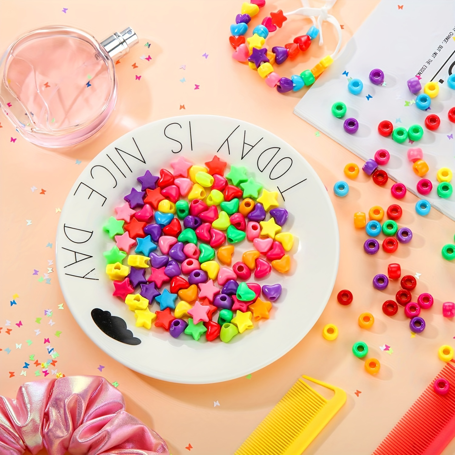 300Pcs Multi-Colored Plastic Rainbow Pony Beads Mixed Type Perforated Bulk  Hair Beads For Jewelry Making DIY Face Mask Decors, Bracelet Necklace Craft