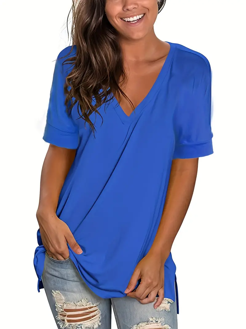 Topstype Women's Deep V Neck Tops Casual Low Cut Short Sleeve Shirts(Deep V  Neck Blue,Small,Small) at  Women's Clothing store