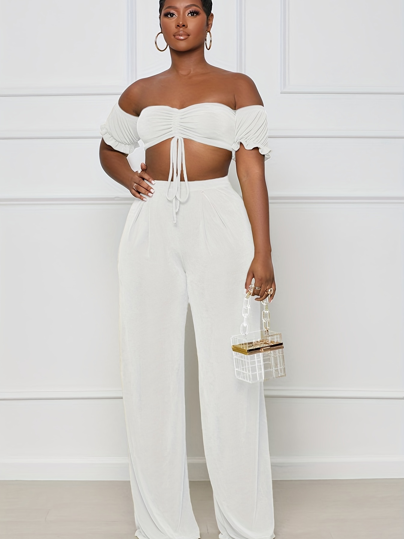 Solid Sexy Drawstring Shoulder Ruched Tube Top High Waist - Temu