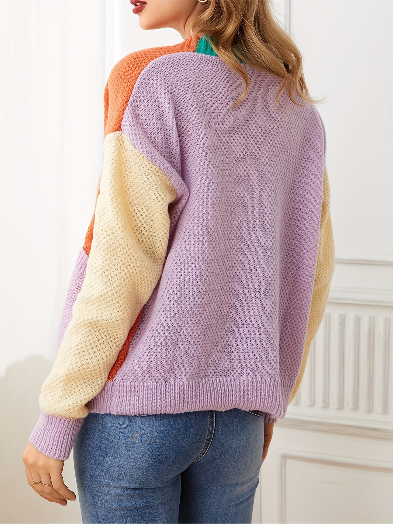 Color Block Knit Cardigan Casual Button Front V Neck Long - Temu