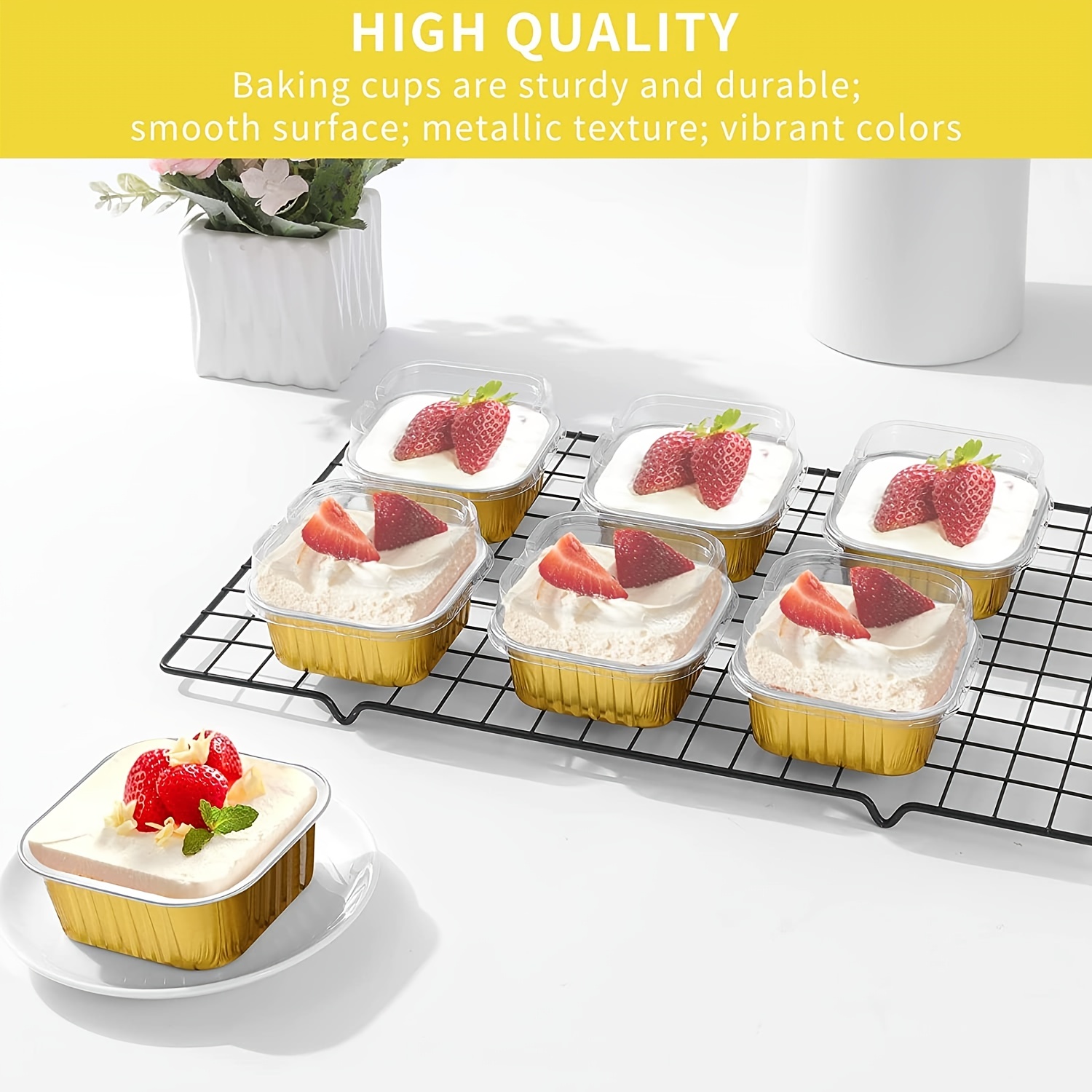 40 Sets Square Aluminum Foil Cake Pan 130 ml/ 4.4 Ounces Mini Cupcake Cup  Pan with Lids Disposable Dessert Pans Flan Baking Cups for Wedding Birthday