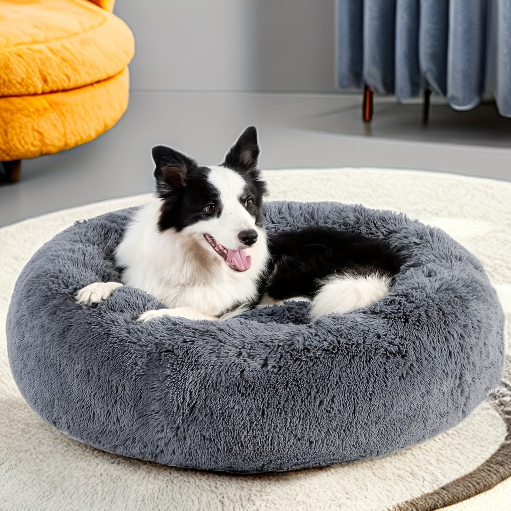 1Pc Calming Dog & Cat Bed, Donut Cuddler Warming Cozy Soft Round Bed, Fluffy Faux Fur Plush Cushion Bed For Small Medium And Large Dogs And Cats (16"/