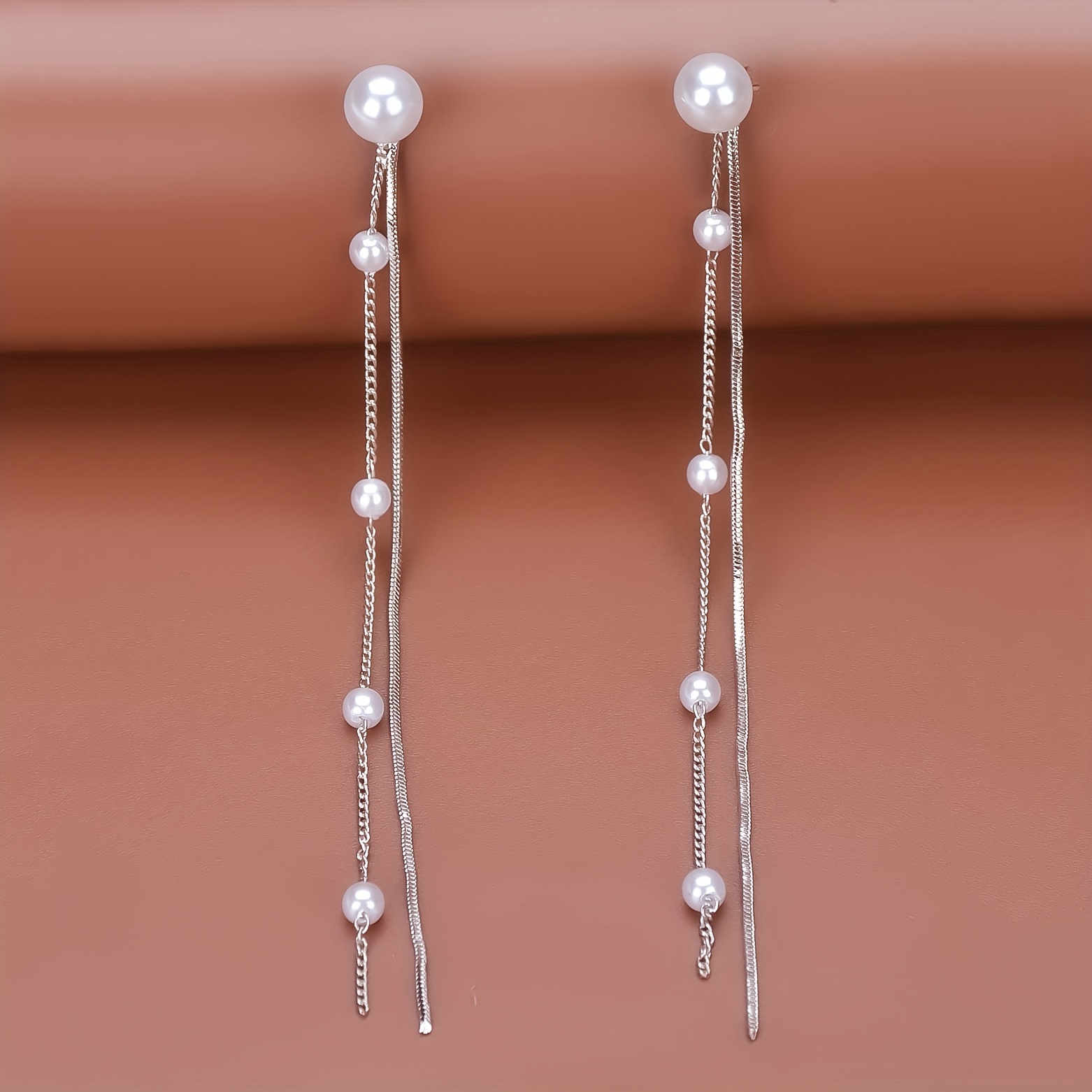 Long Dangle Earrings with Faux Pearl Decor