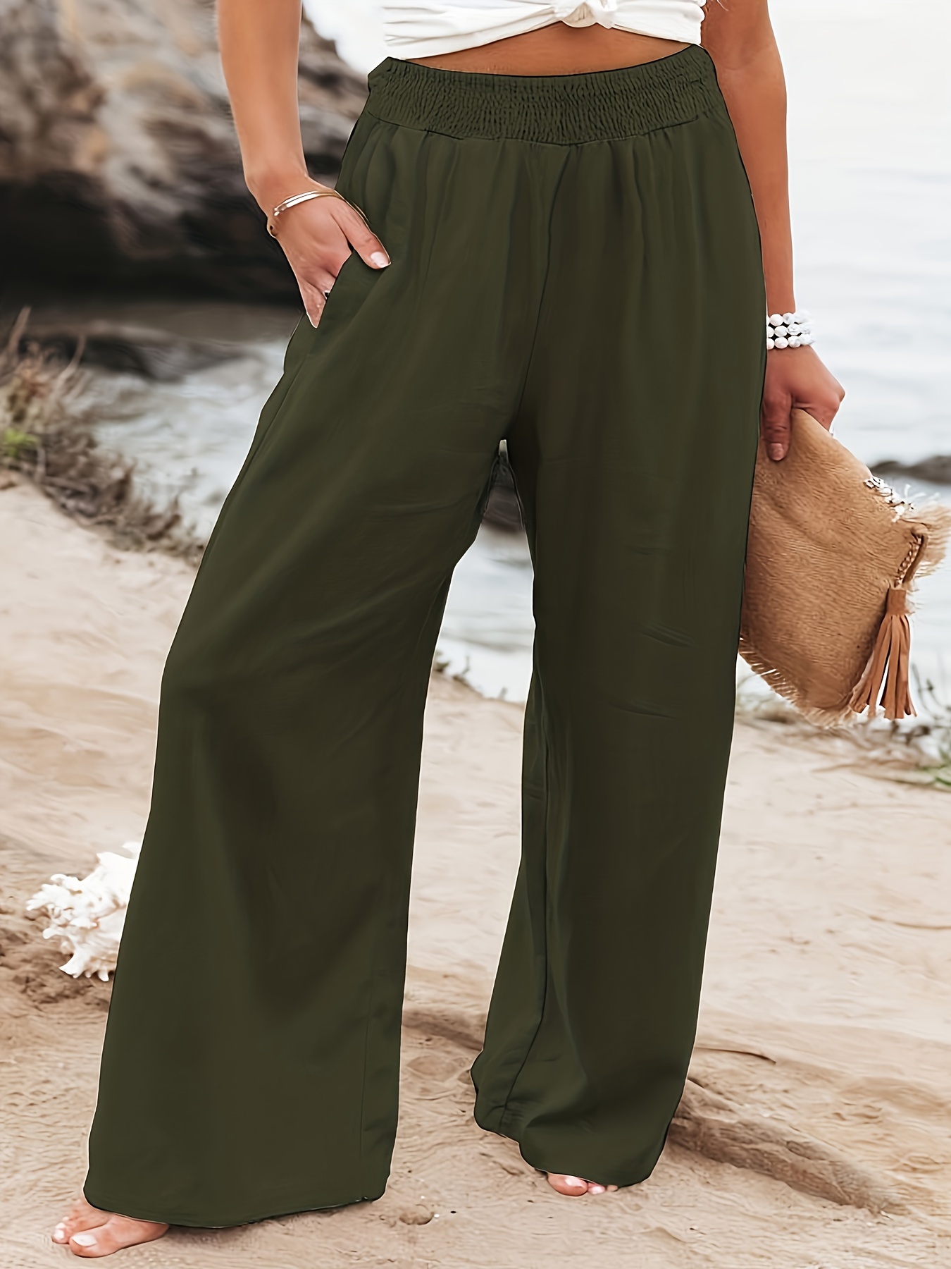 Ruched Wide Leg Pants Casual Solid High Waist Versatile - Temu