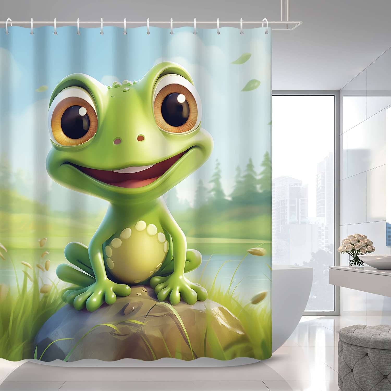 1pc Cute Frog Pattern Shower Curtain, Water-resistant Shower Curtain With  12 Plastic Hooks, Comic Bathroom Partition, Bathroom Accessories, Home Decor