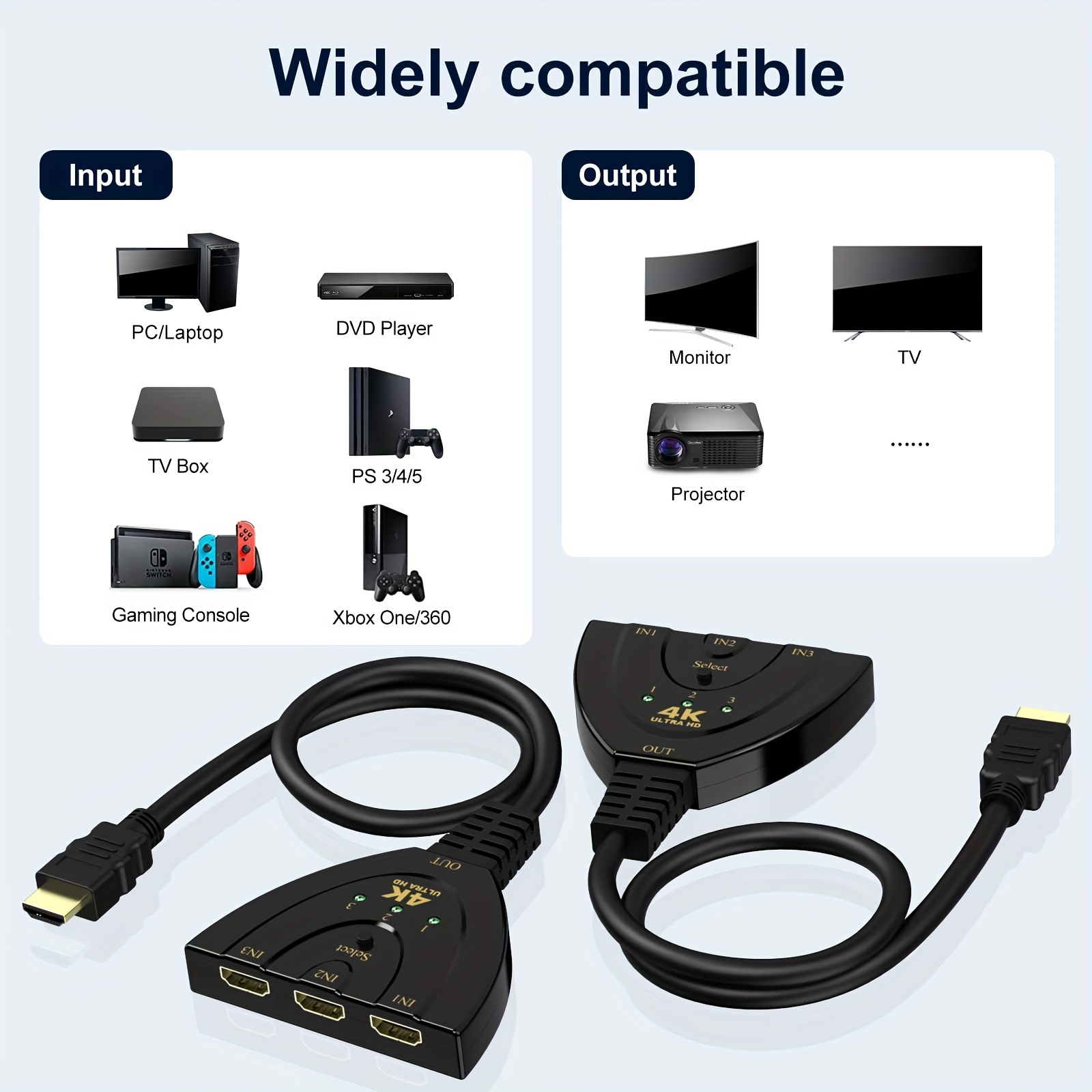 4K@60Hz HDMI Switch, 3 Port 4K HDMI Switcher 3x1 Switch HDMI Splitter  Pigtail Cable Supports Full HD 4K 1080P 3D Player 