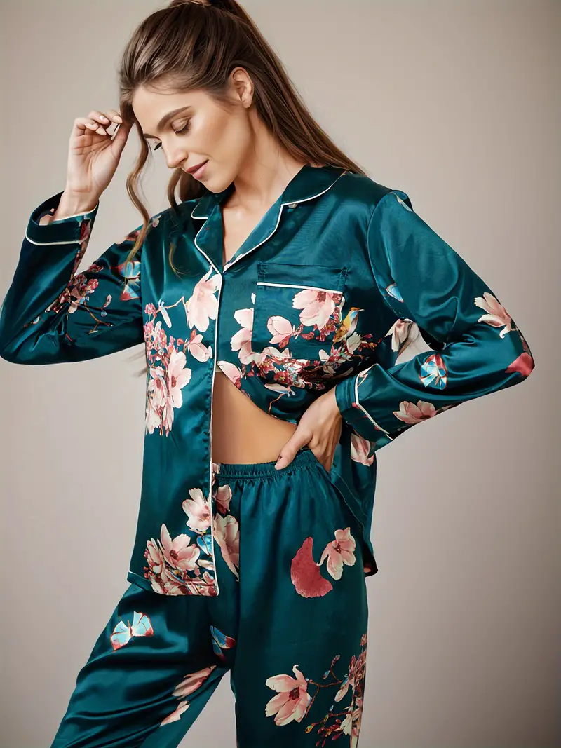 Floral Print Satin Pajama Set Long Sleeve Button Lapel Top - Temu