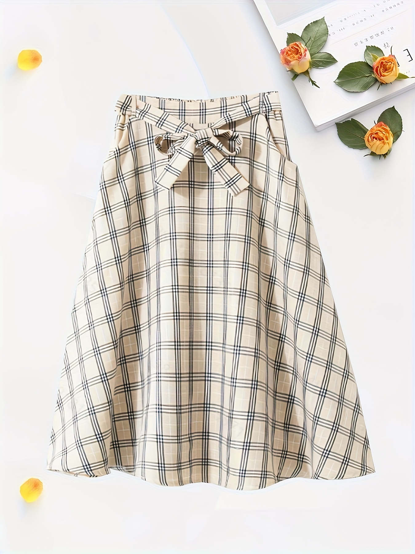 Plaid Print Belted Flared Skirt, Elegant Skirt For Spring & Summer