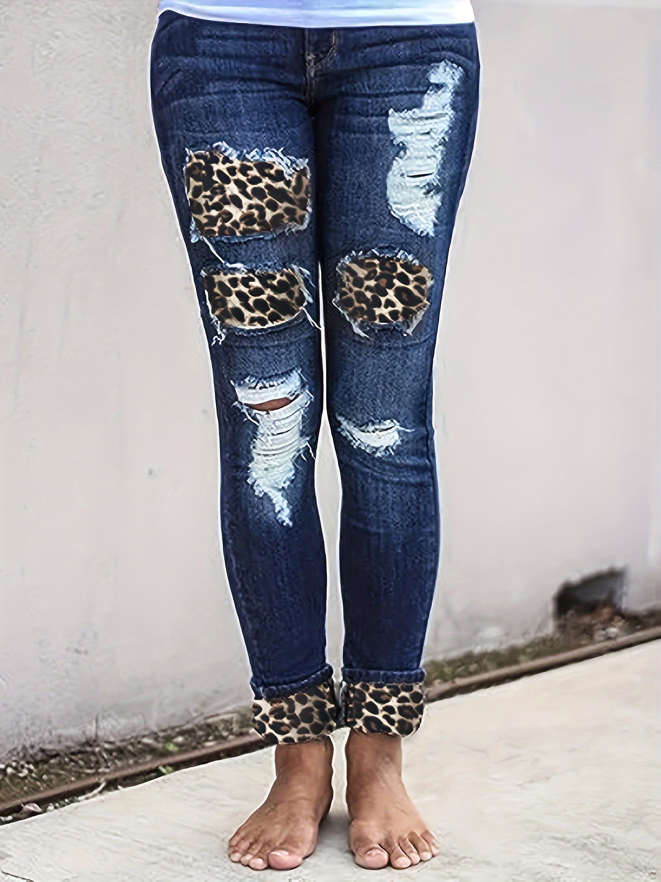 Leopard Print * Ripped Denim Pants, Distressed Frayed Seam Light Washed  Blue Causal Jeans, Women's Denim Jeans & Clothing