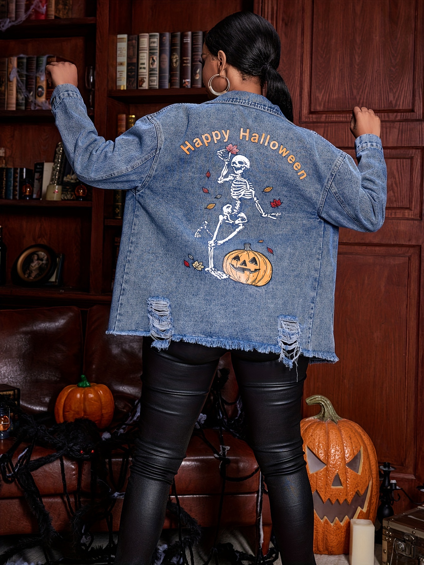 Blue Pumpkin & Skeleton Pattern Denim Jackets, Long Sleeves Hem Halloween  Denim Coats, Women's Denim Clothing - Temu Austria