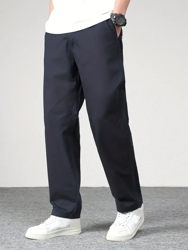 Men's Solid Color Cotton Casual Loose Straight Leg Pants - Temu
