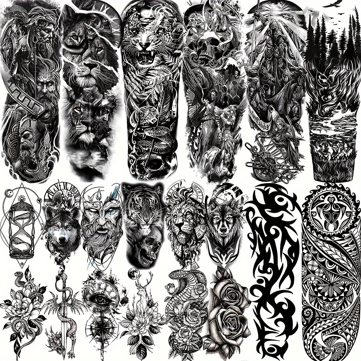 

20 Sheets Extra Large Full Arm Temporary Tattoos For Men Adults, Tiger Snake Leopard Lion King Temporary Tattoos Sleeve For Women, Temp Waterproof Fake Tattoo Stickers Warrior Tattoos