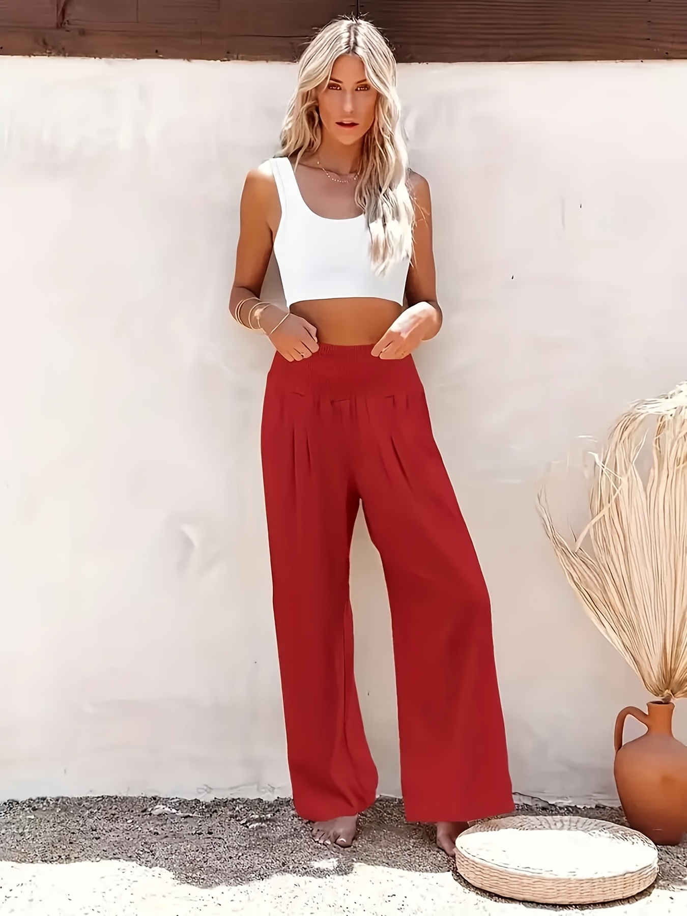 Shirred Waist Wide Leg Pants Casual Solid Slant Pockets - Temu Australia