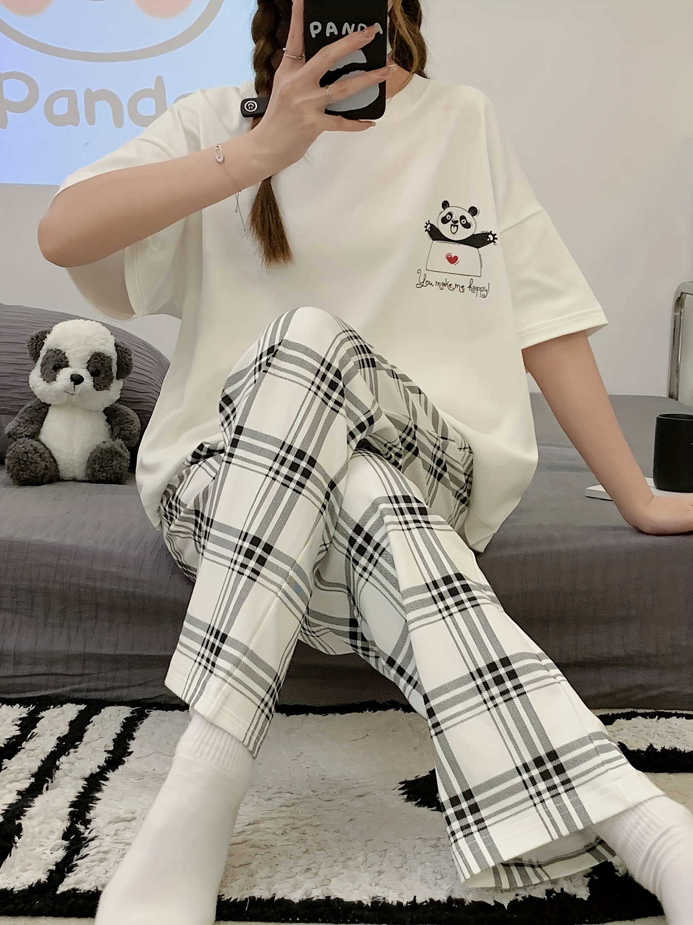 Cartoon Panda Print Pajama Set, Short Sleeve Crew Neck Top & Plaid Pants,  Women's Sleepwear & Loungewear
