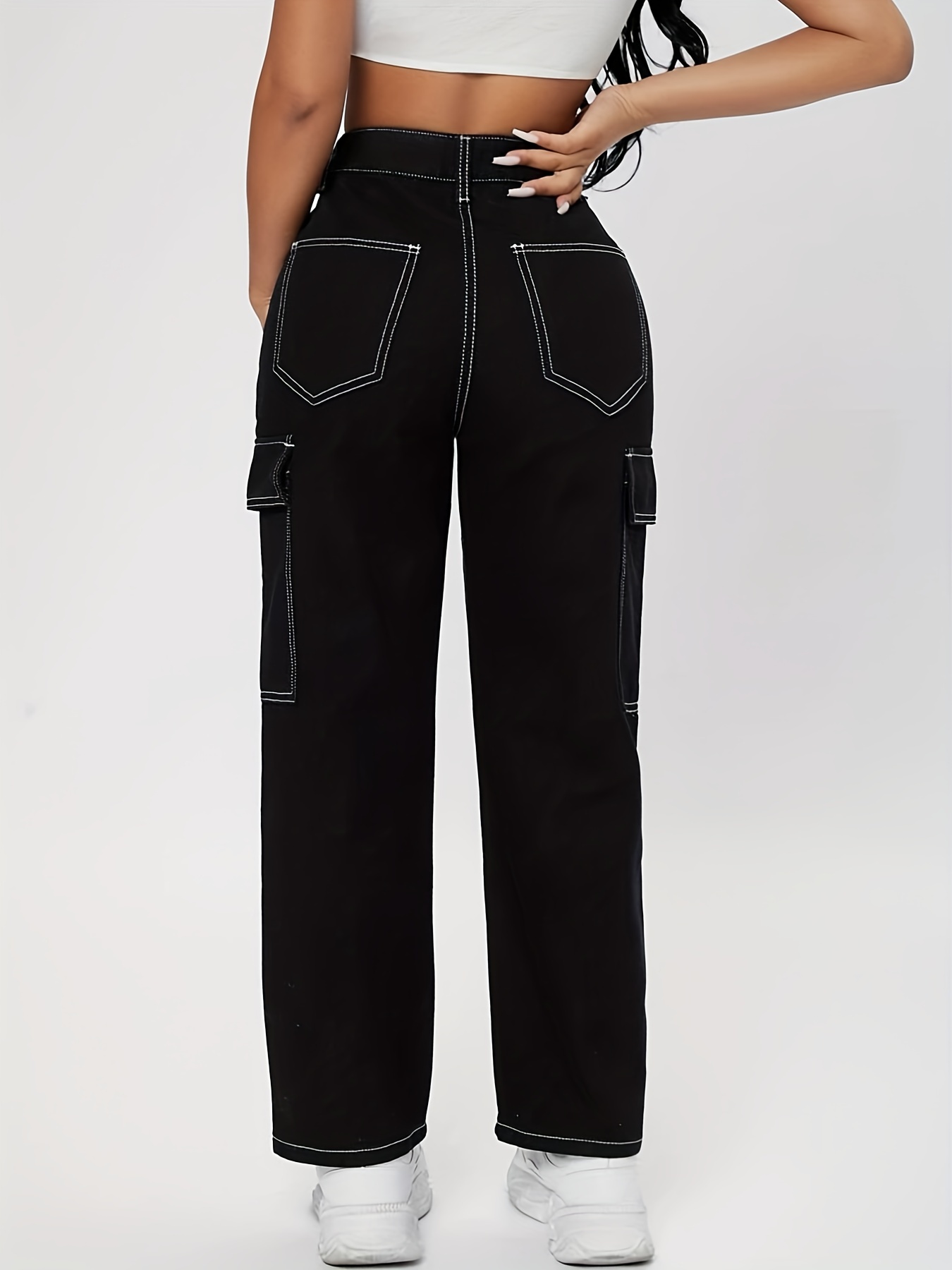 Fashion (Black)Multi Pockets White Cargo Pants Women Adjustable