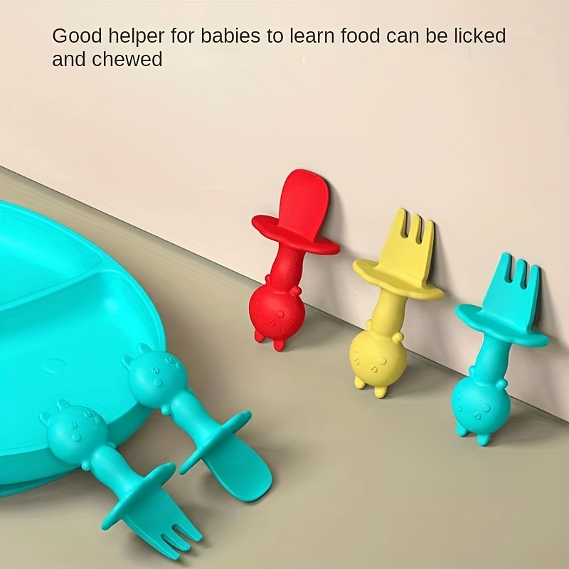 Baby Fork and Spoon Set, Eco-Friendly Silicone Rabbit Toddler Feeding Utensils