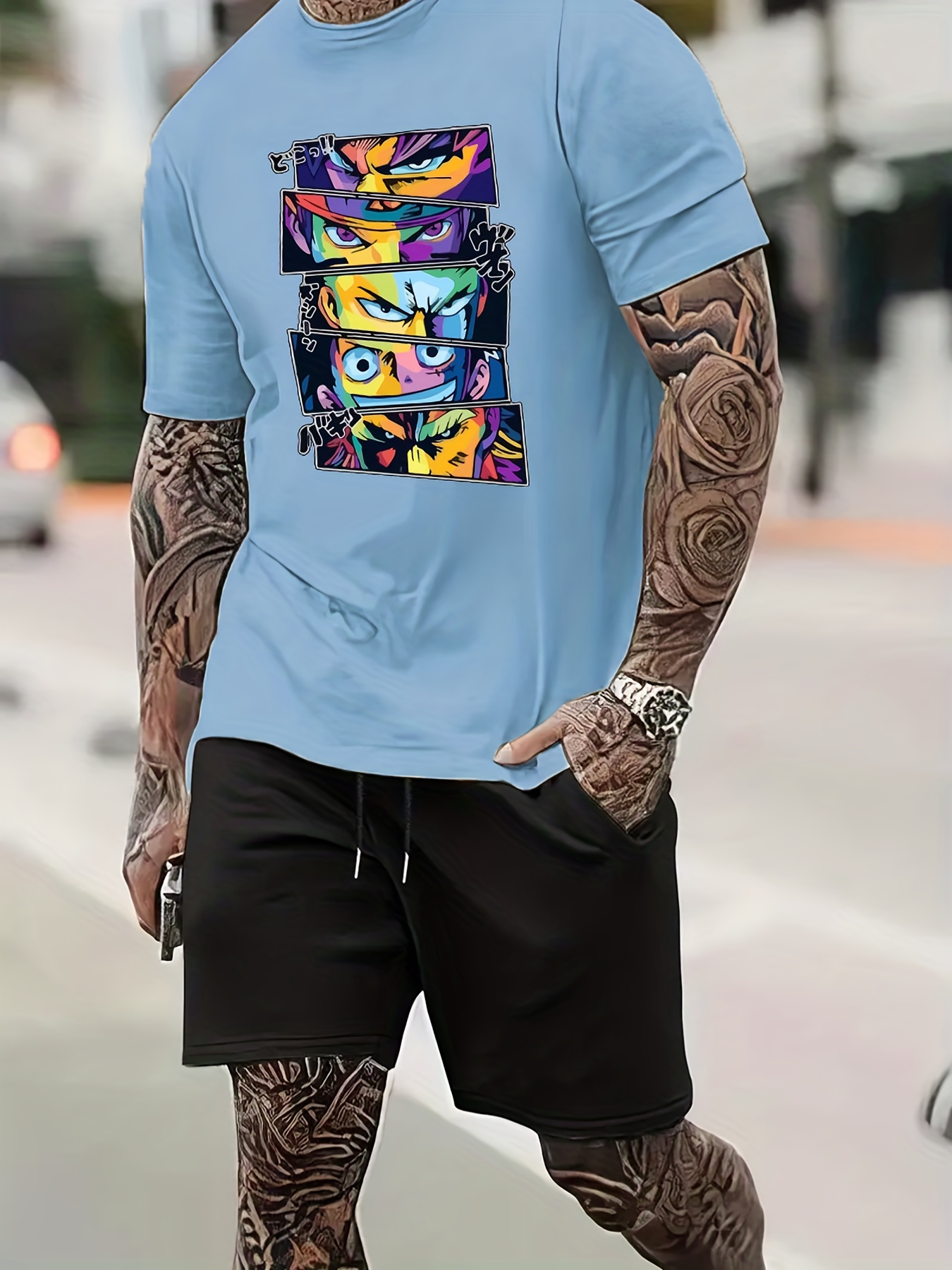 Mens Casual Crew Neck Short Sleeves Anime Character Print T Shirt