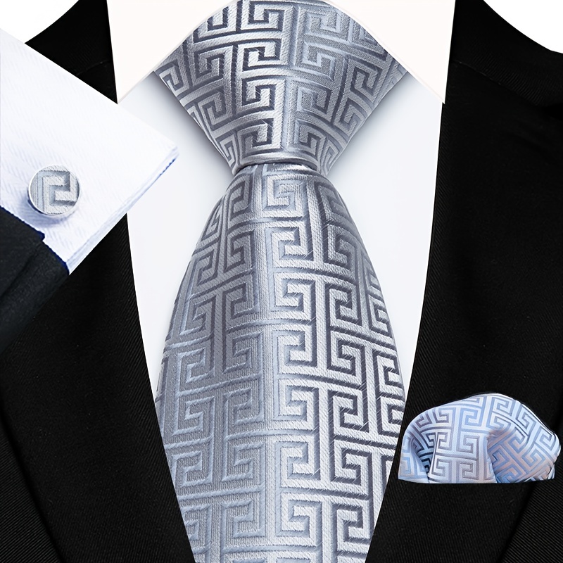 Mens Necktie Silver Ring & Handkerchief & Cufflinks Set for Business Accessories with Gift Box,men Jewelry,Temu
