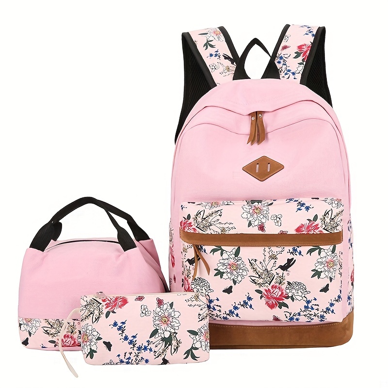 

Vintage Floral Print Backpack, Zipper Classic Storage Travel Daypack With Lunch Handbag & Clutch Wallet