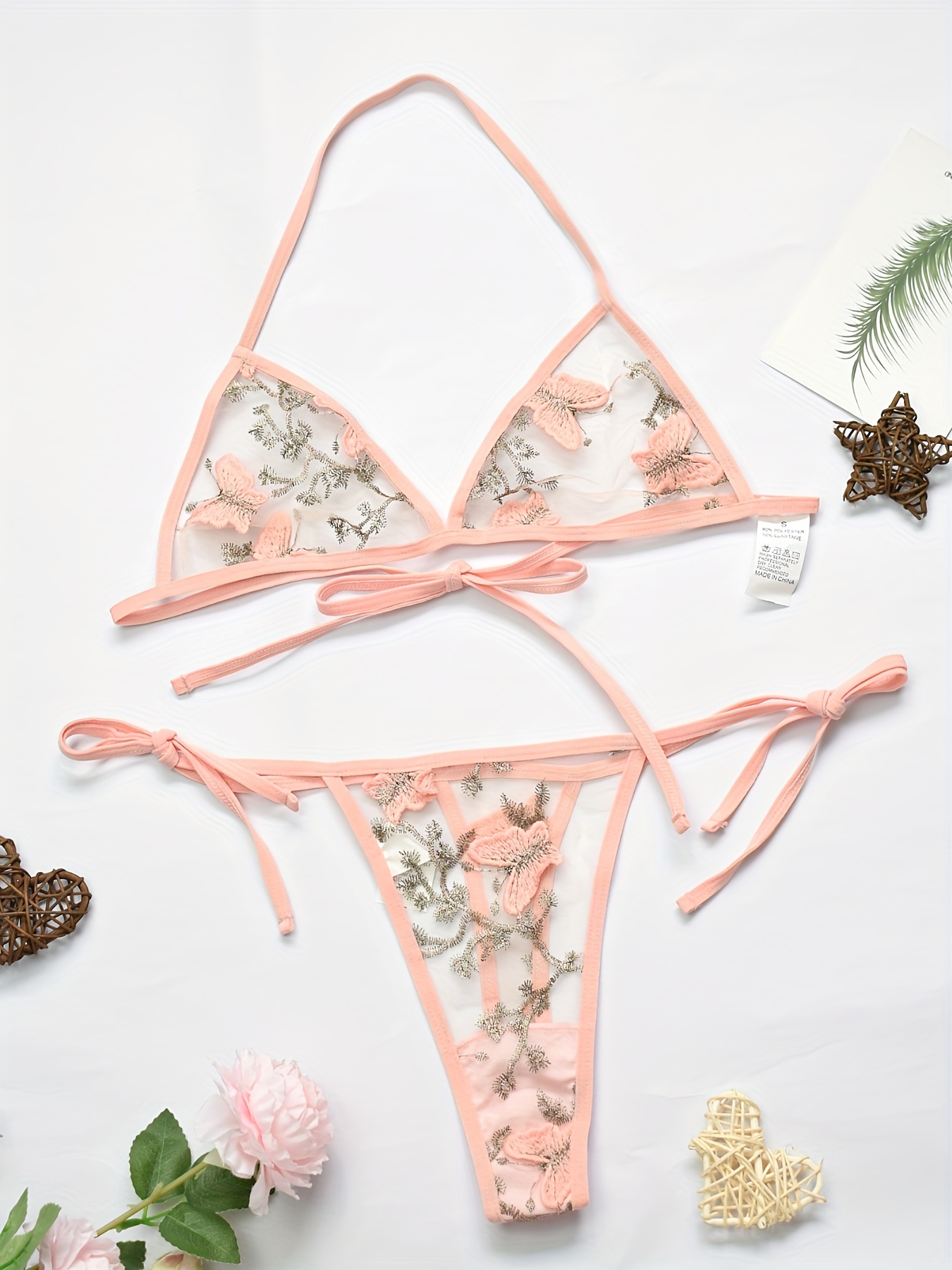 2 Piece Lace Strappy Matching Lingerie Set Semi Sheer Triangle Bra Sexy