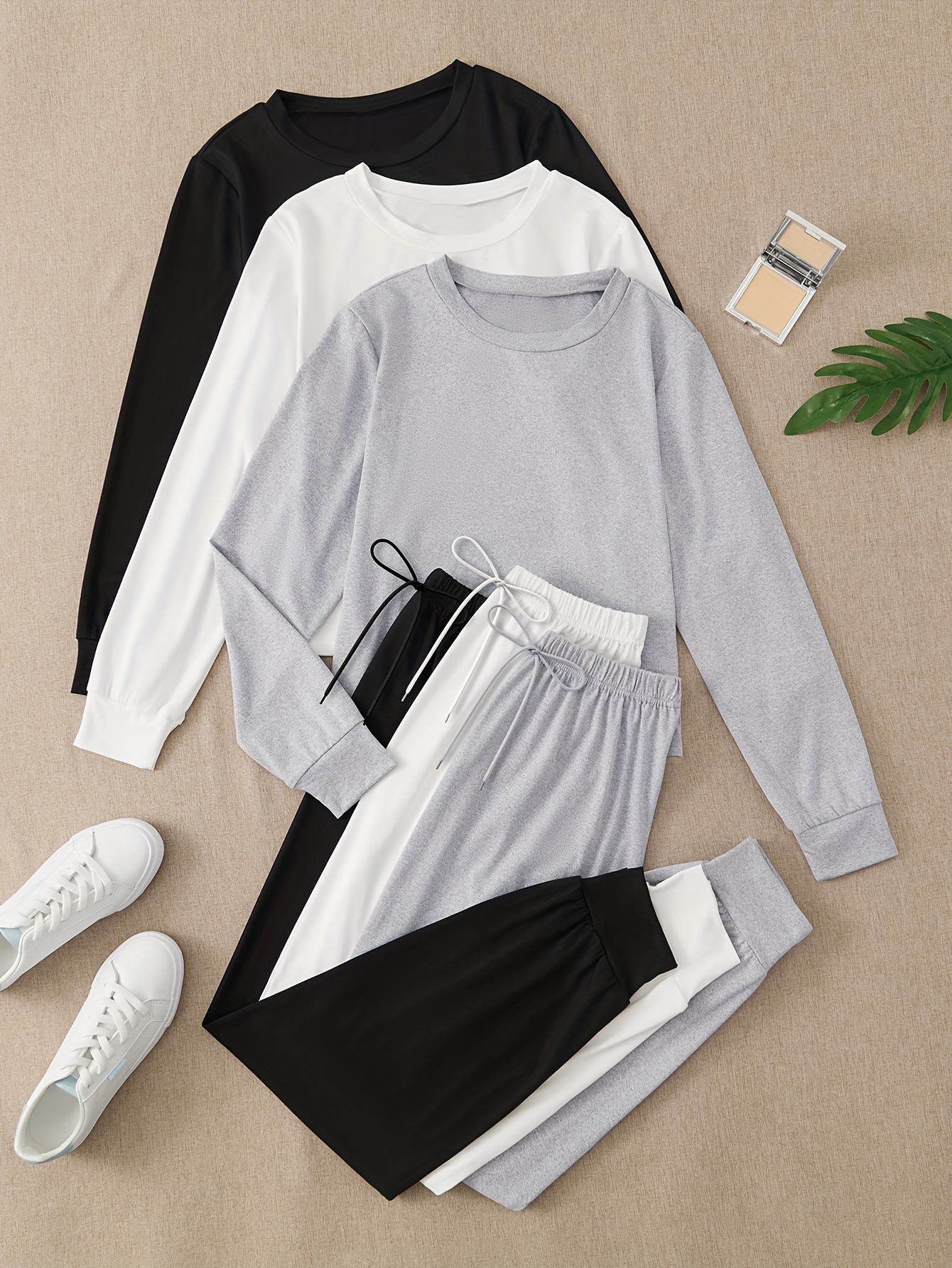 Casual Solid Pajama Set Long Sleeve Crew Neck Top Elastic - Temu