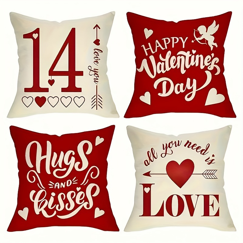 

4pcs Valentine's Day Happy Love Decoration Throw Pillow 18 X 18 Inches, Red Heart Arrow Holiday Corridor Terrace Home Decoration, Embrace And Kiss Lover Gifts Outdoor Sofa Sofa Sofa Cushion Cover