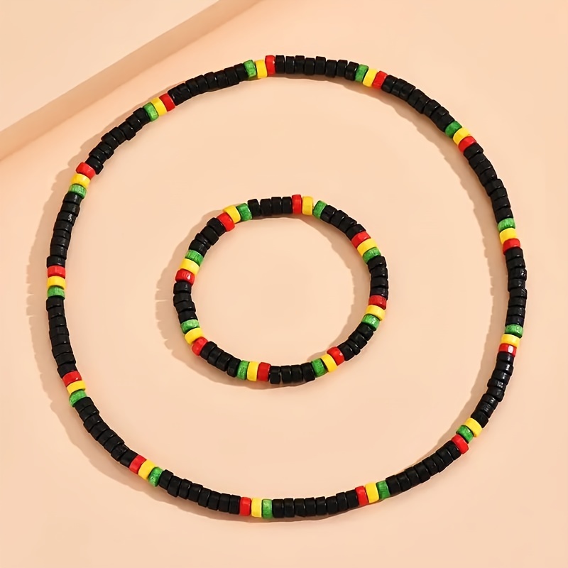 Men's Necklace Bracelet Set Bohemian Multicolor Wooden Bead Chain Necklace Wooden Beads Universal