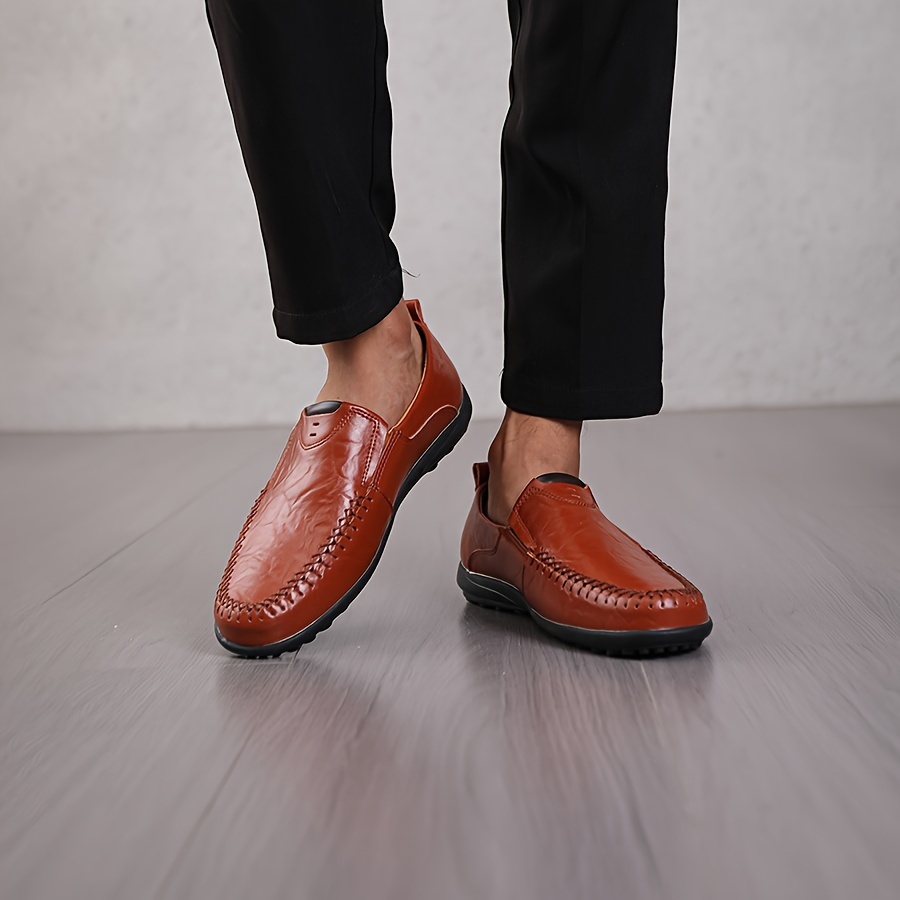 (Red, 9.5) Men Slip-On Leather Casual Male Driving Soft Non-Slip Loafers Shoe.