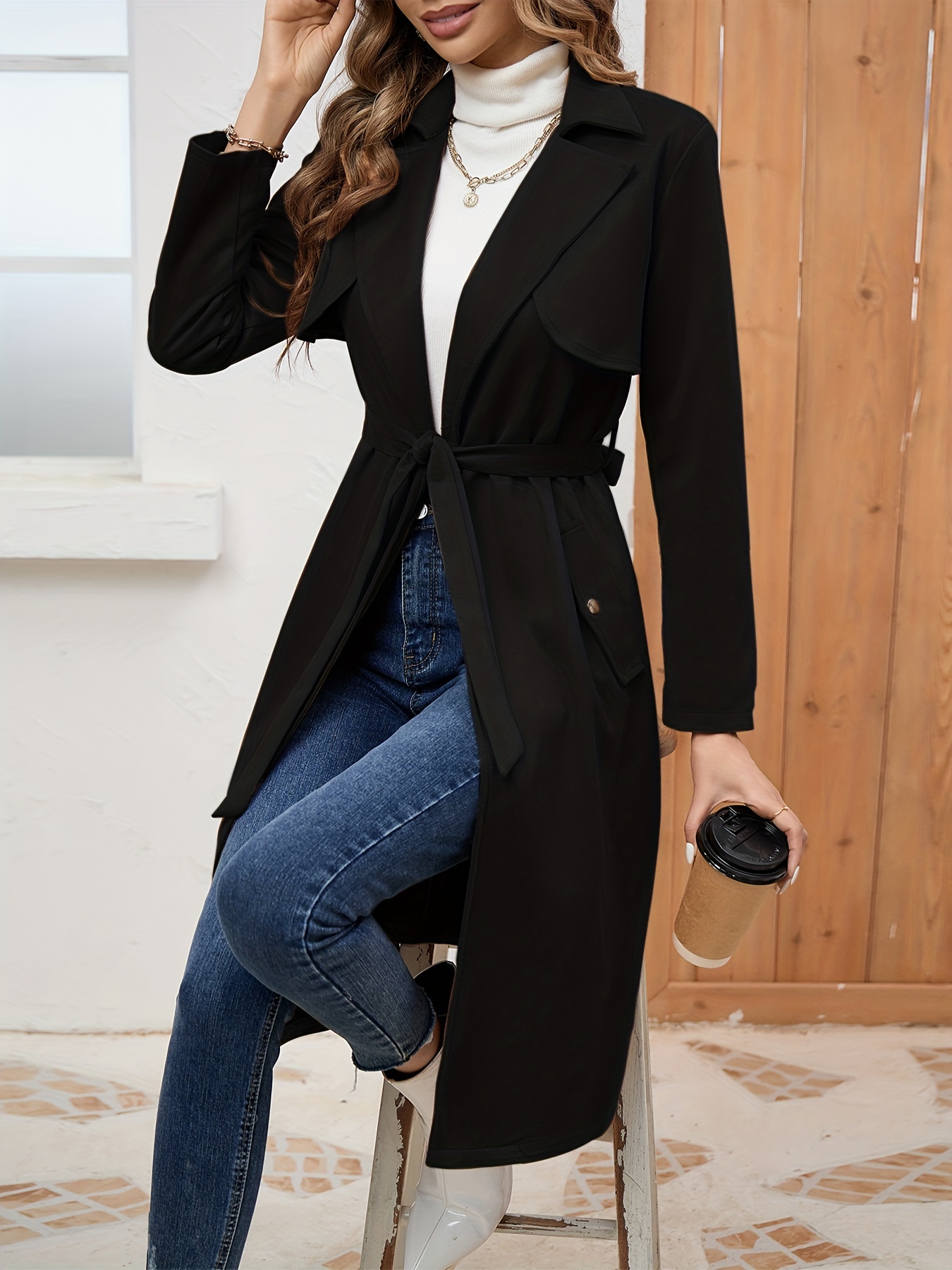 Comfy Belted Trench Coat, Elegant Lapel Neck Long Sleeve Coat, Women's  Clothing