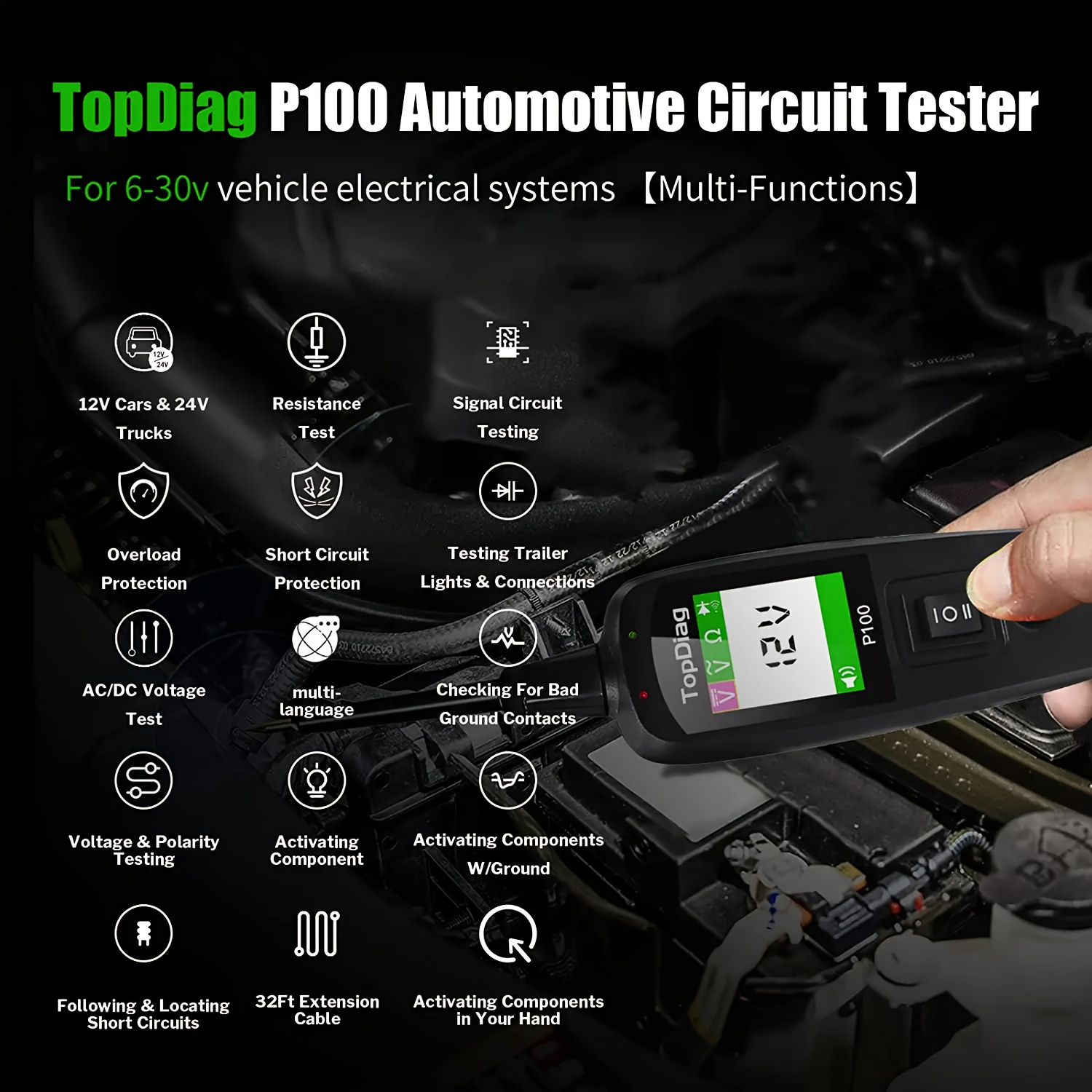 HURRISE Testeur de circuit électrique Test de tension multifonction de  testeur de Circuit électrique automobile TopDiag P100 avec