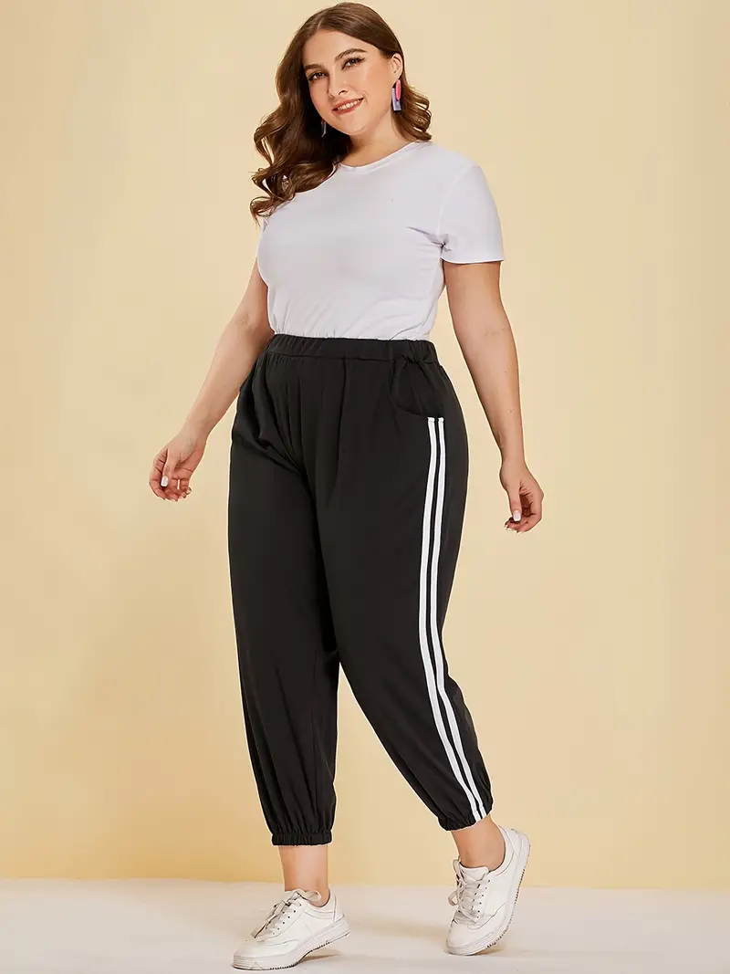 Plus Size Casual Pants, Women's Plus 2 Stripes Loose Fit Cuffed Ankle  Elastic Waist Activewear Joggers