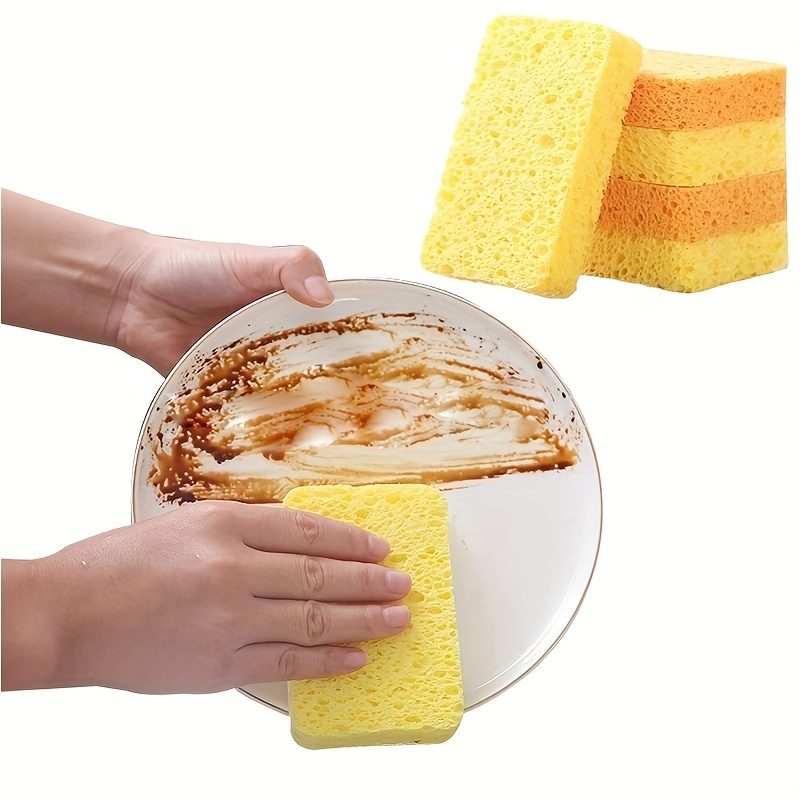 1pc Natural Wood Pulp Sponge Block, 1pc Yellow Dish Scrubber Sponge