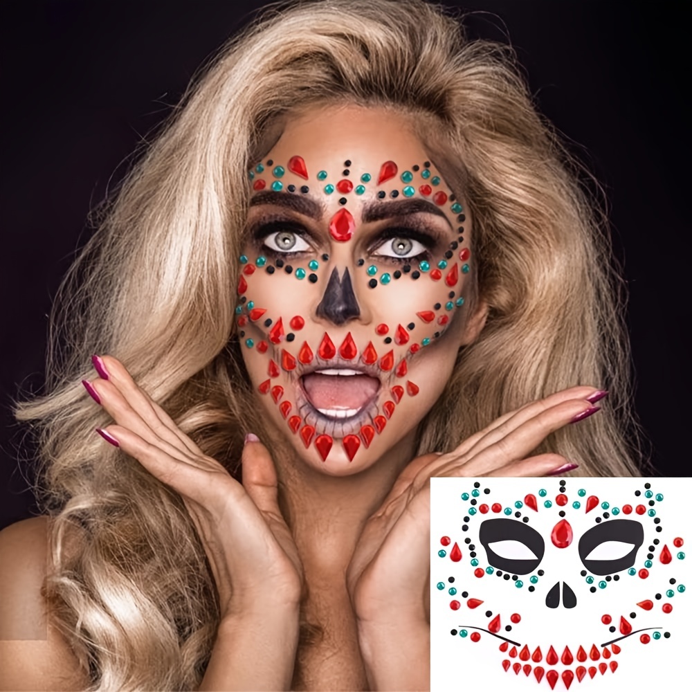 Halloween Face Jewels Temporary Tattoos Skull Ghost Face - Temu