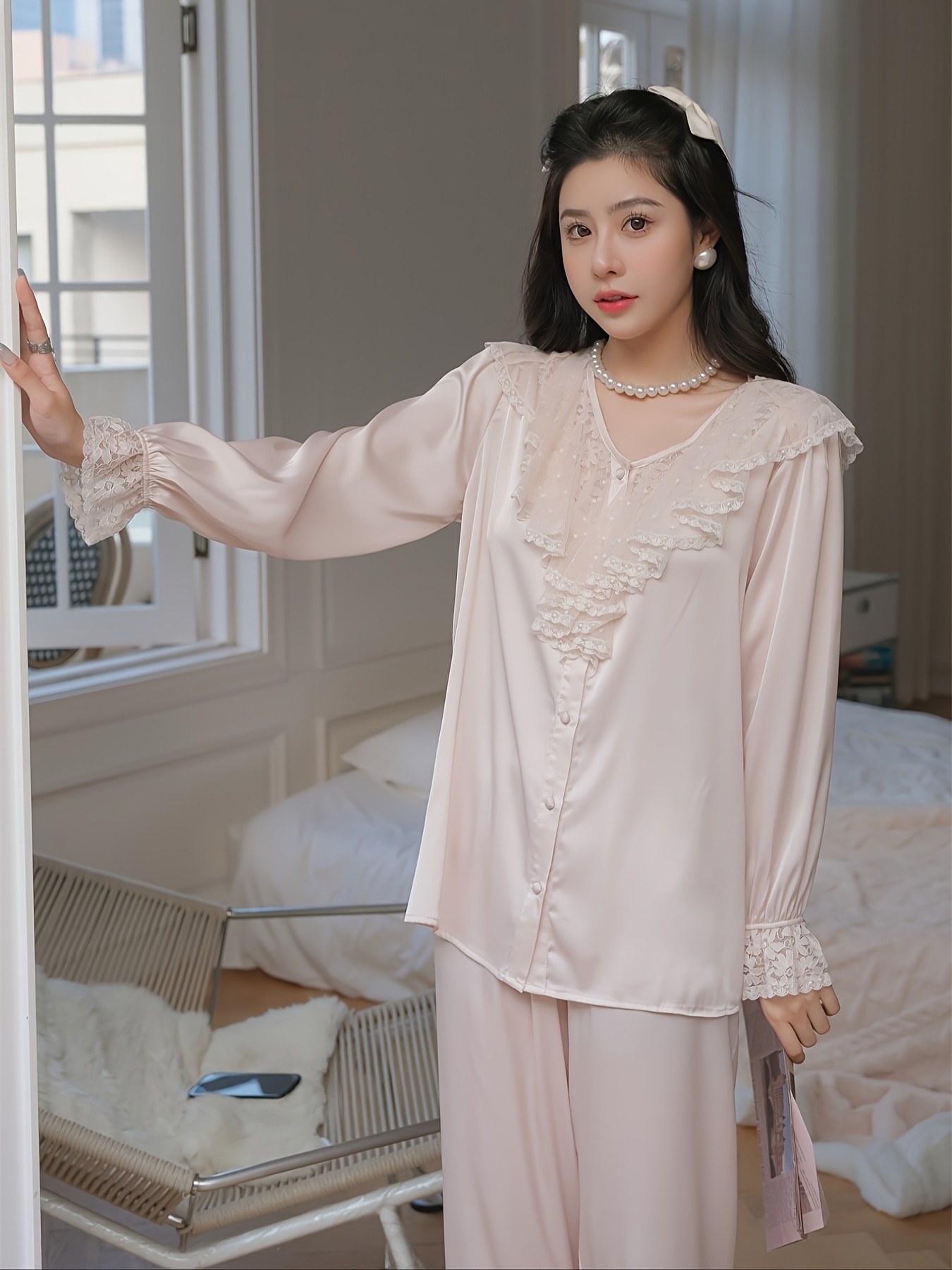 Elegant Lace Trim Pajama, Lightweight Satin Soft Button Up Blouse & Elastic  Waistband Pants, Women's Loungewear & Sleepwear