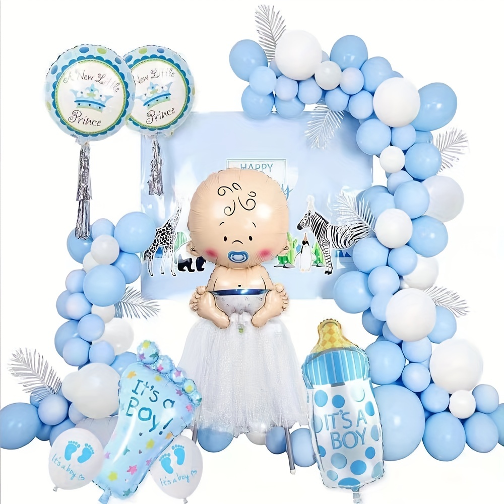 Decoraciones de baby shower para bebé, decoraciones de baby shower,  decoraciones azules para baby shower, globos blancos y azules para  decoración de