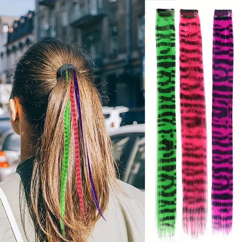 Clip in Synthetic Feather Hair Extensions, Human Hair Extensions Colorful Fake Hair Extensions Clip in One Piece Rainbow Synthetic Invisible