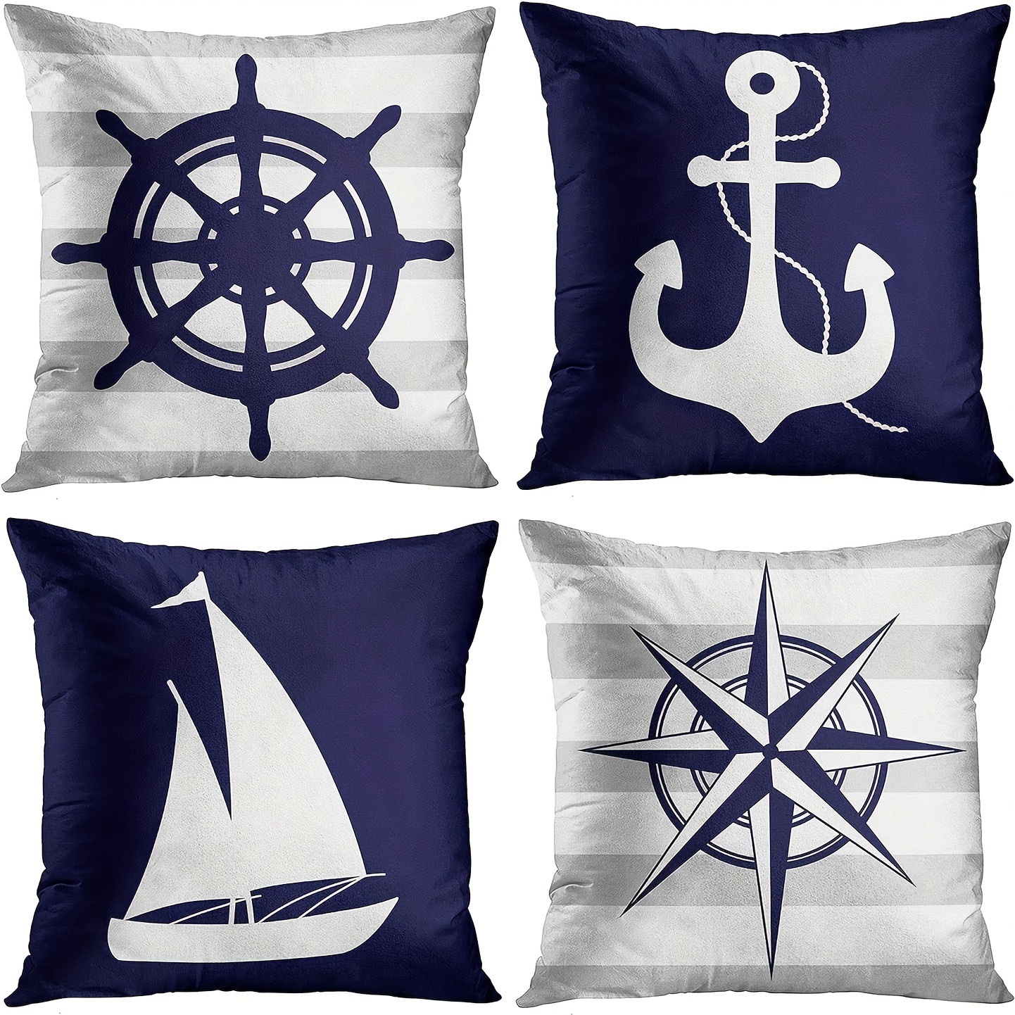 

4pcs, Throw Pillow Covers Summer Costal Navy Blue White And Gray Stripe Helm Anchor Boat Star Decorative Pillow Cases Home Decor Standard Square 18x18 Inches Pillowcases