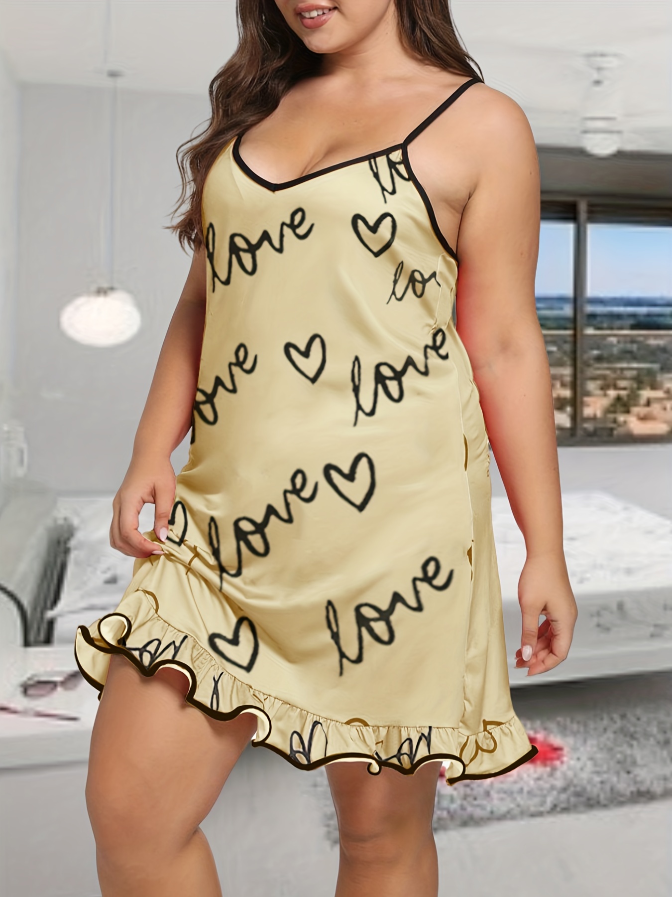 Heart & Letter Print Ruffle Trim Cami Sleep Dress