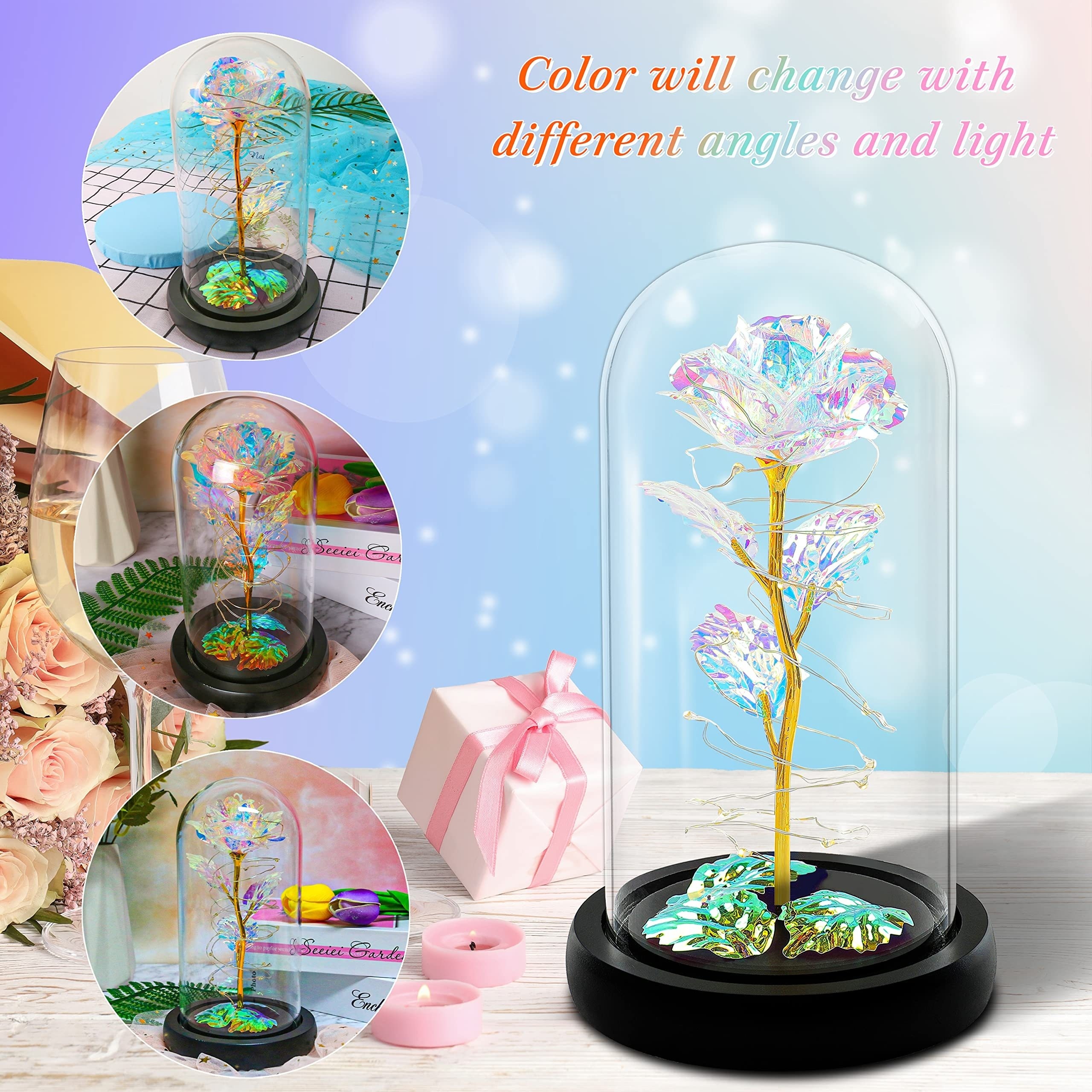 Christmas Rose Gifts for Women Galaxy Rose Enchanted Crystal Flower Gift in  Glass Dome with Light Unique Birthday Xmas Gifts for Women Mom Grandma