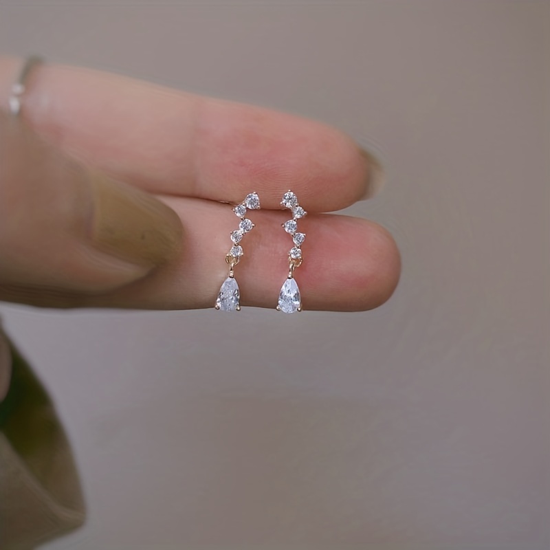 Long Water Drop Zircon Stud Earrings, 14K Plated