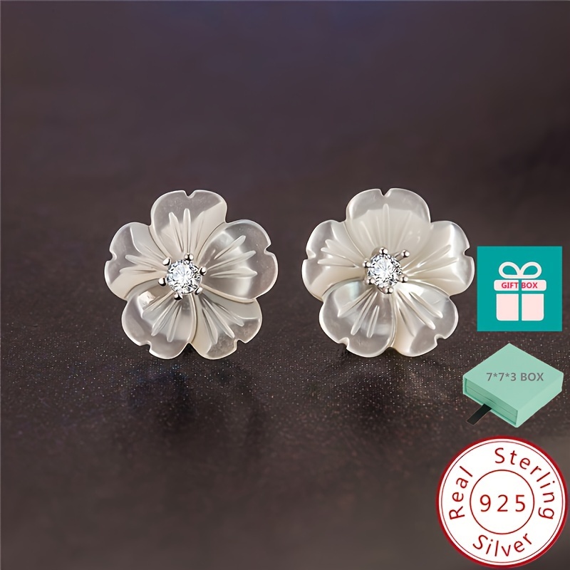 

Pretty Flower Design Stud Earrings 925 Sterling Silver Hypoallergenic Jewelry Tiny Zircon Inlaid Elegant Female Gift With Gift Box
