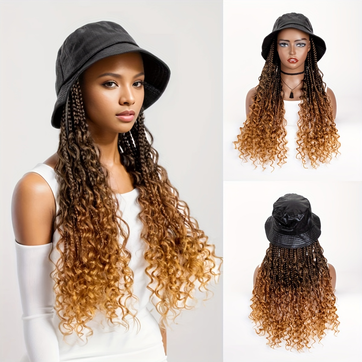 Synthetic Hat Wig Goddess Boho Box Braids With Curly Ends Ombre