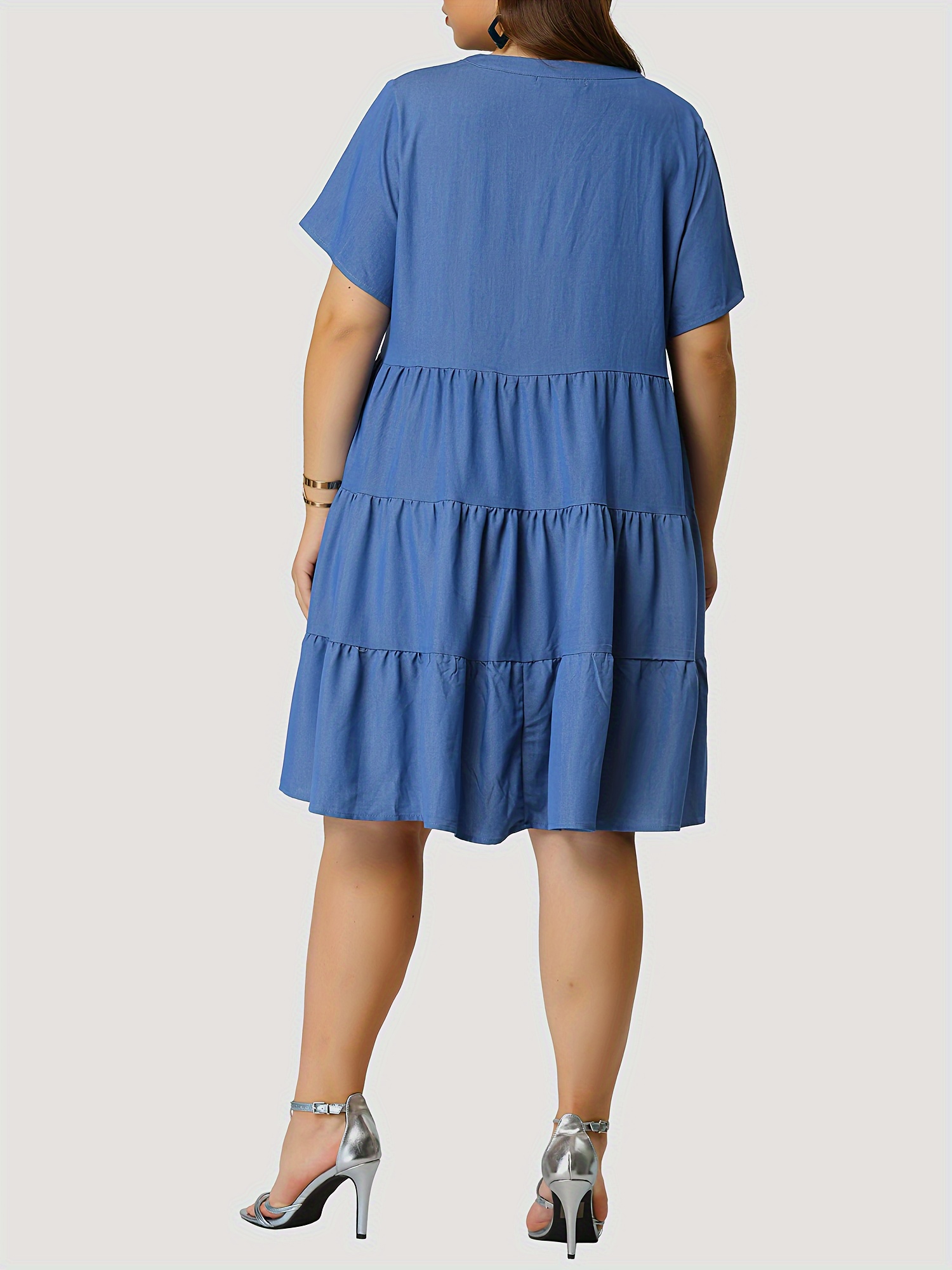 womens denim dress plus size plain washed blue layered ruffled v neck short sleeve single breasted denim dress
