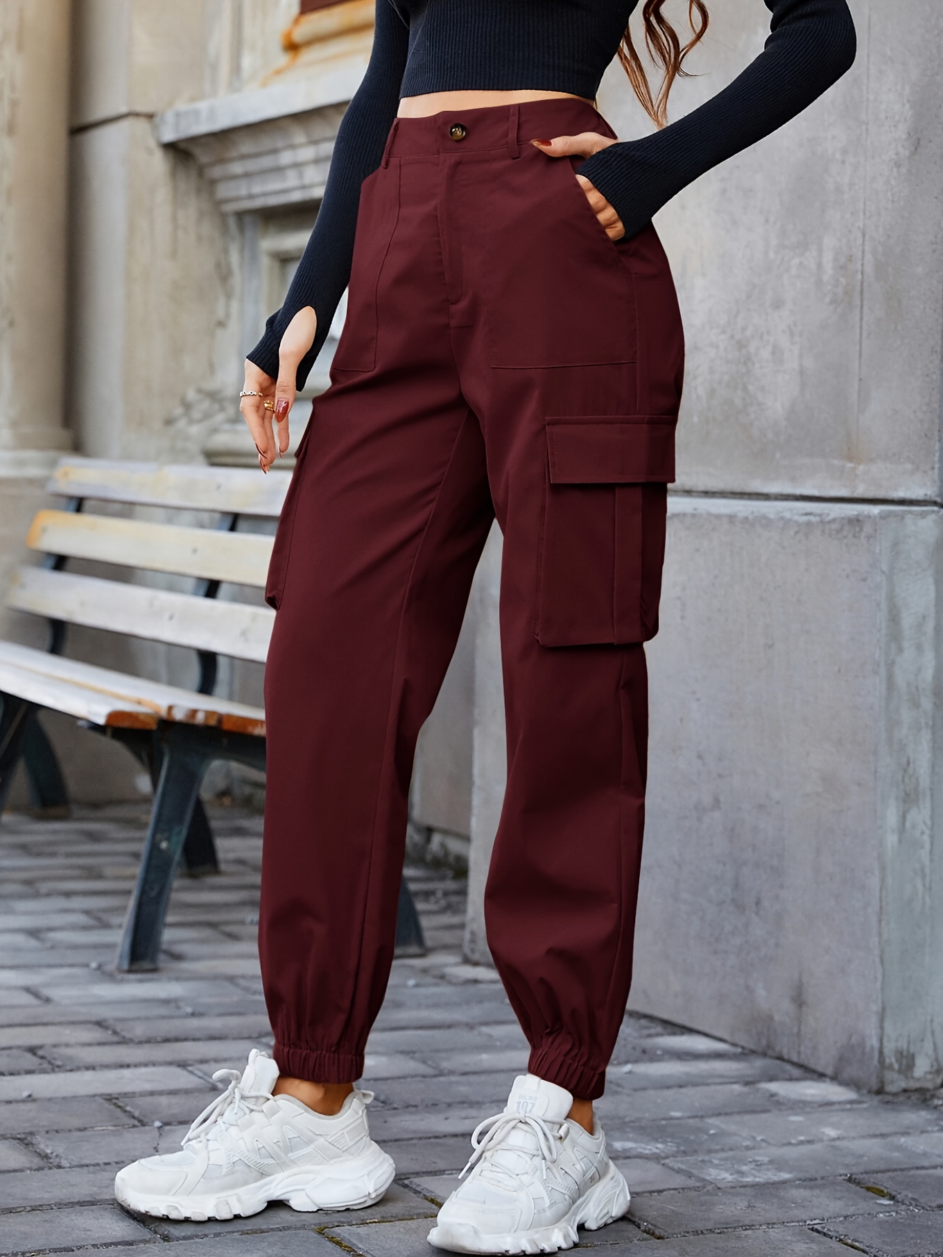 Solid Pocket Cargo Pants Casual Button Front Pants Women's - Temu