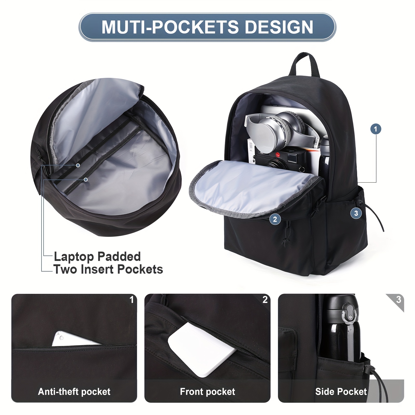 Solid Laptop Backpack Preppy Style Lightweight Travel Bookbag