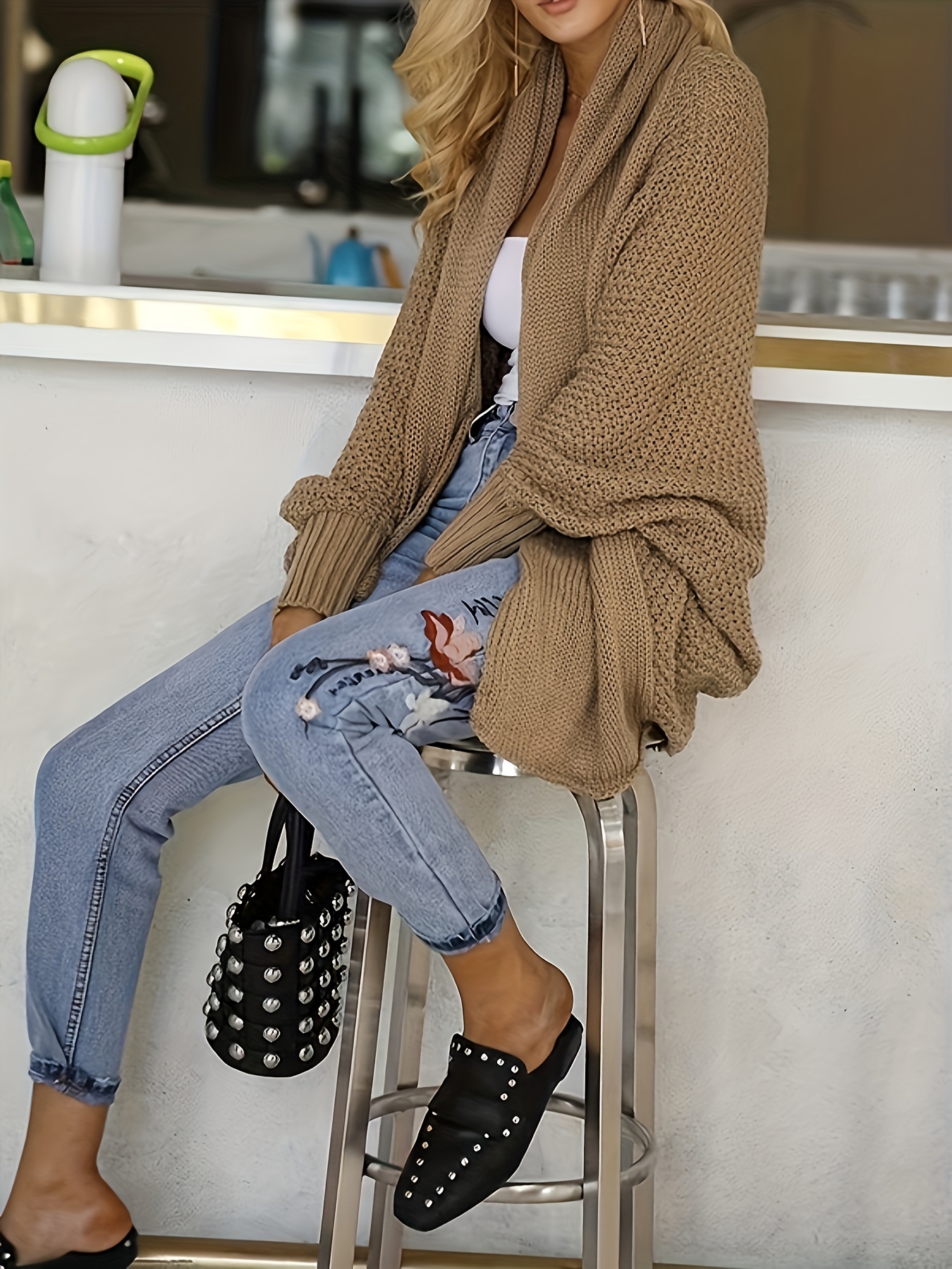 Solid Open Front Knit Cardigan Casual Batwing Sleeve - Temu Mexico