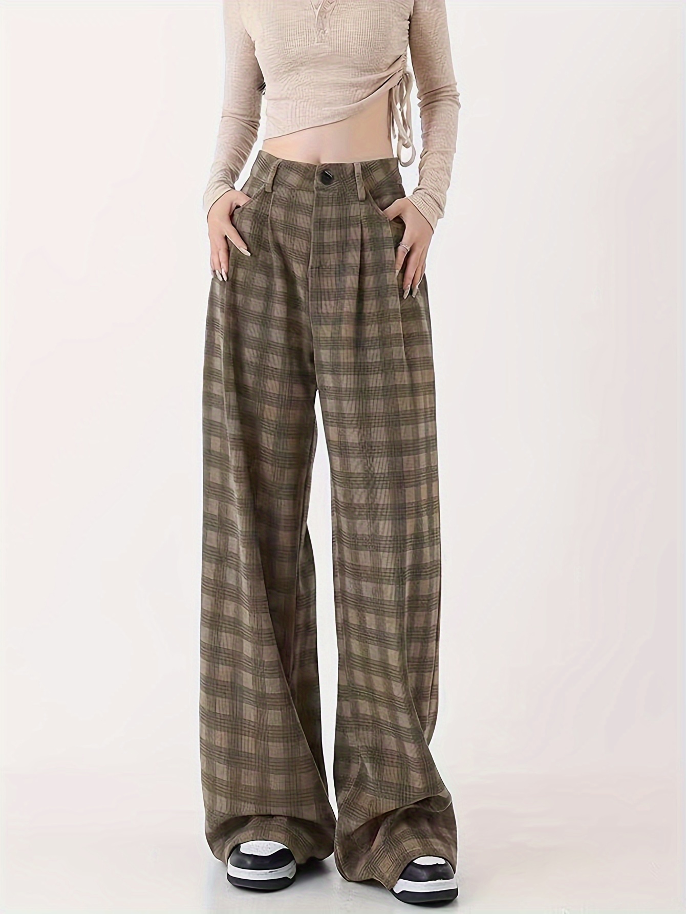 Women's Stylish Plaid Pants High Waist Wide Leg Pants Casual - Temu Canada