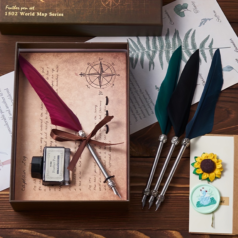Vintage Calligraphy Set: Quill Fountain Pen Ink Kit Feather - Temu