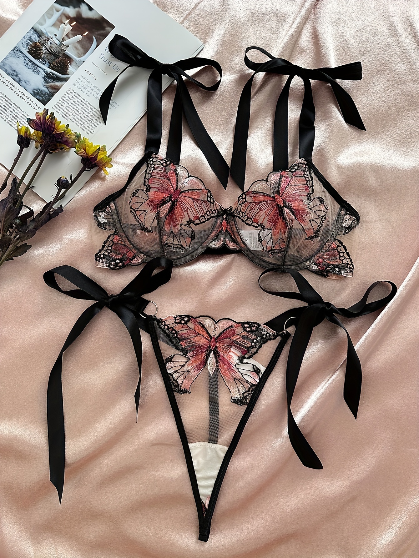 Butterfly Embroidery Lingerie Set Unlined Mesh Bra Strappy - Temu