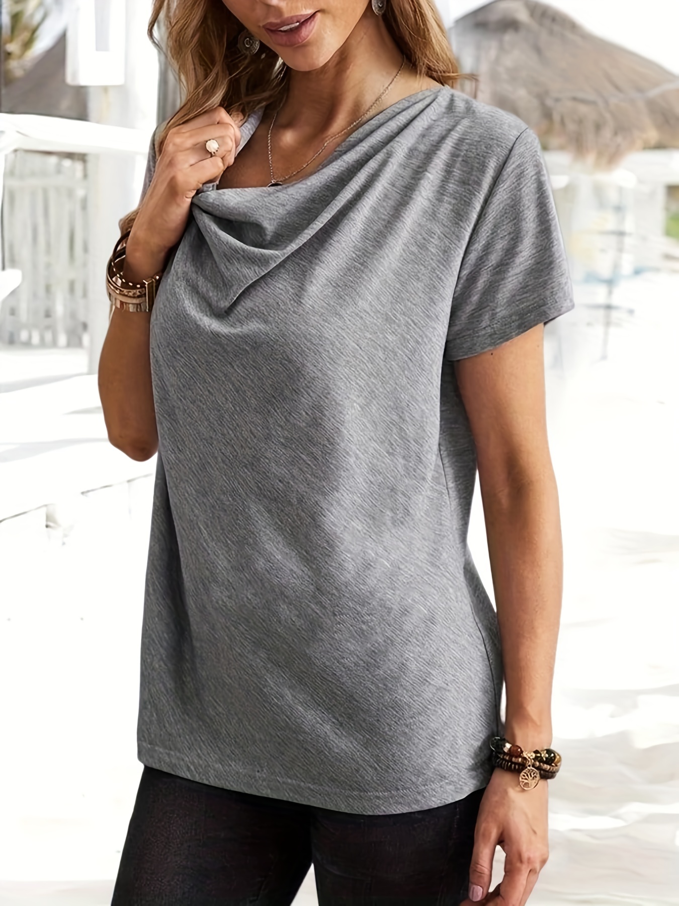 Cowl Neck Short Sleeve T shirt Elegant Solid Casual Top - Temu